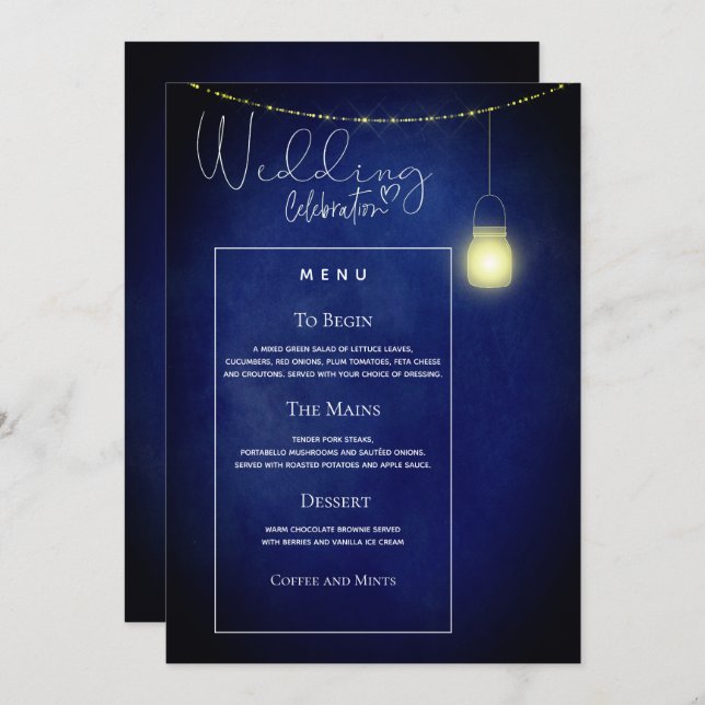 Cartão de Menu de Casamento Elegante em Azul Meia- (Frente/Verso)