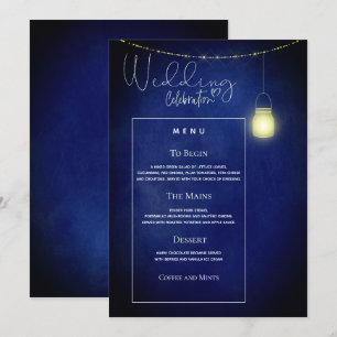 Cartão de Menu de Casamento Elegante em Azul Meia-