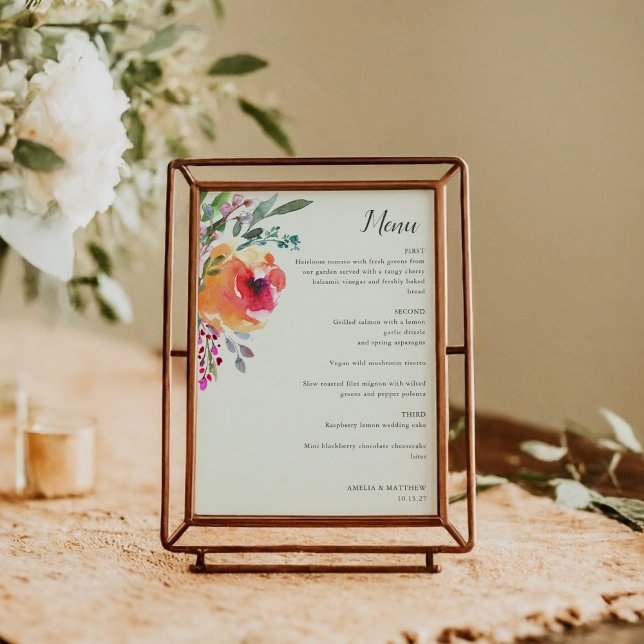Cartão de Menu de Casamento Elegante Moderno Flora (Criador carregado)