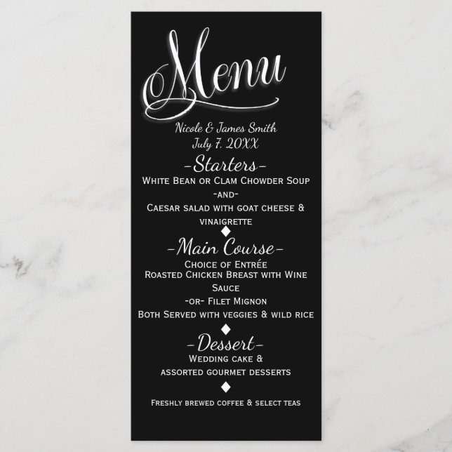 Cartão de Menu de Casamento Elegante Preto e Branc (Frente)