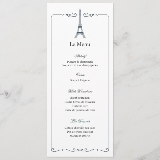 Cartão de Menu de Casamento Elegante Torre Eiffel  (Frente)