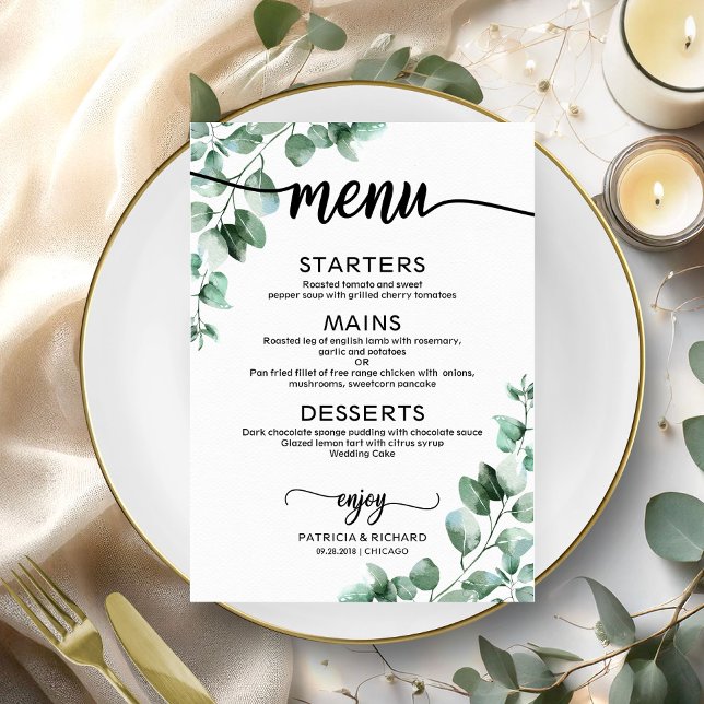 Cartão de Menu de Casamento Elegante Verdejante (Criador carregado)