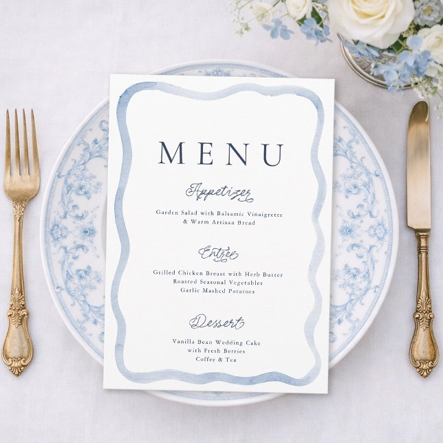 Cartão de Menu de Casamento em Azul Desbotado Esti (Criador carregado)