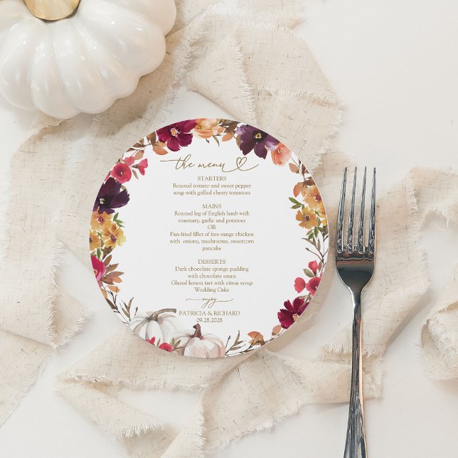 Cartão de Menu de Casamento em Círculo com Floral  (Criador carregado)