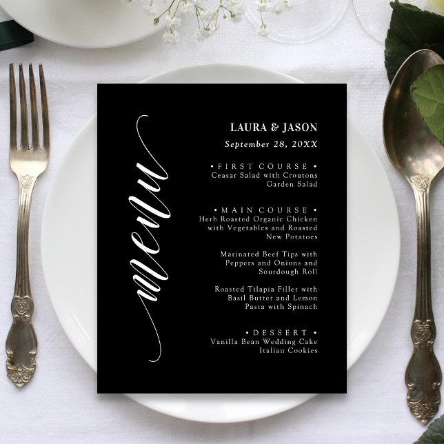 Cartão de Menu de Casamento em Letra de Fantasia C (Classic fancy script wedding menu card adds timeless charm to each place setting.)