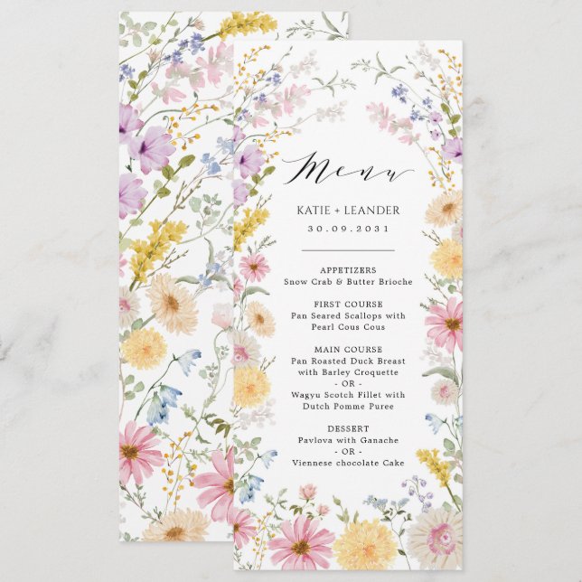Cartão de Menu de Casamento em Prado de Flores Sil (Frente/Verso)