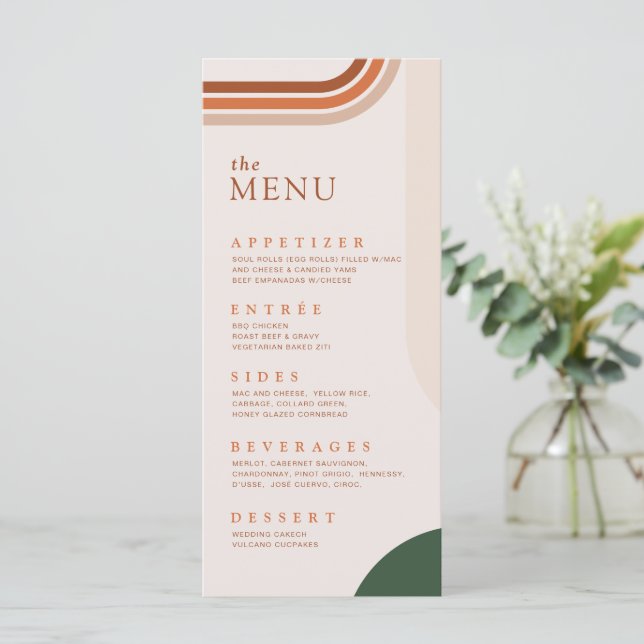 Cartão de Menu de Casamento em Terracota Boho Abst (Em pé/Frente)