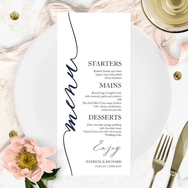 Cartão de Menu de Casamento Fancy Script 4x9 Para  (Criador carregado)