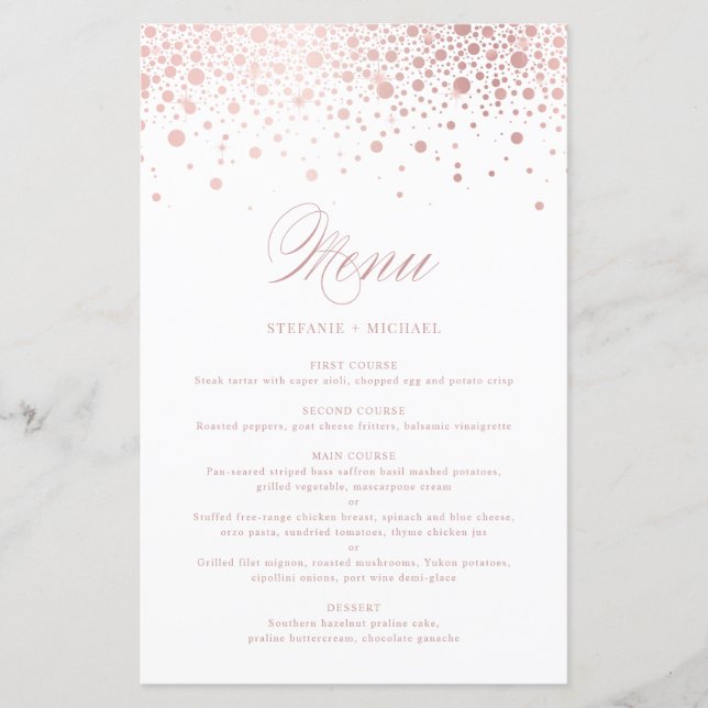 Cartão de Menu de Casamento Faux Rosa Gold Foil Co (Frente)