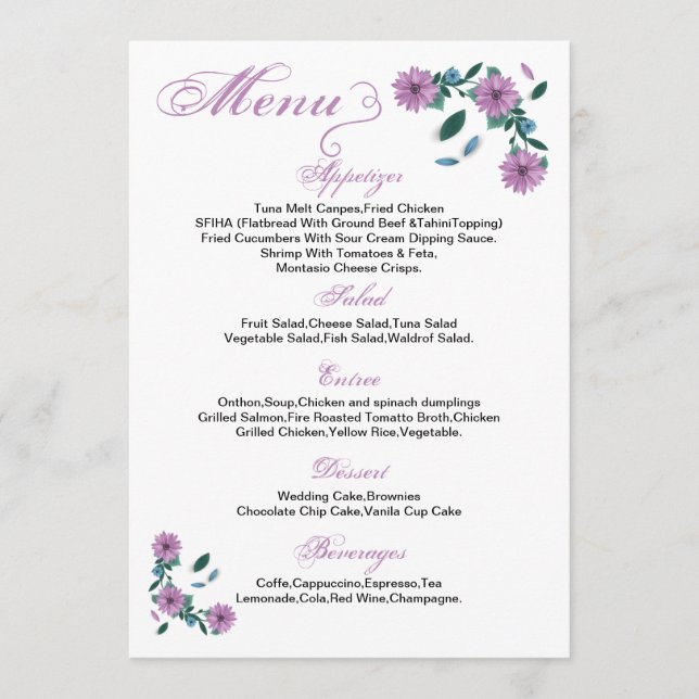 Cartão de Menu de Casamento Floral (Frente)