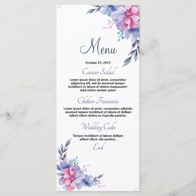 Cartão de Menu de Casamento Floral (Frente)