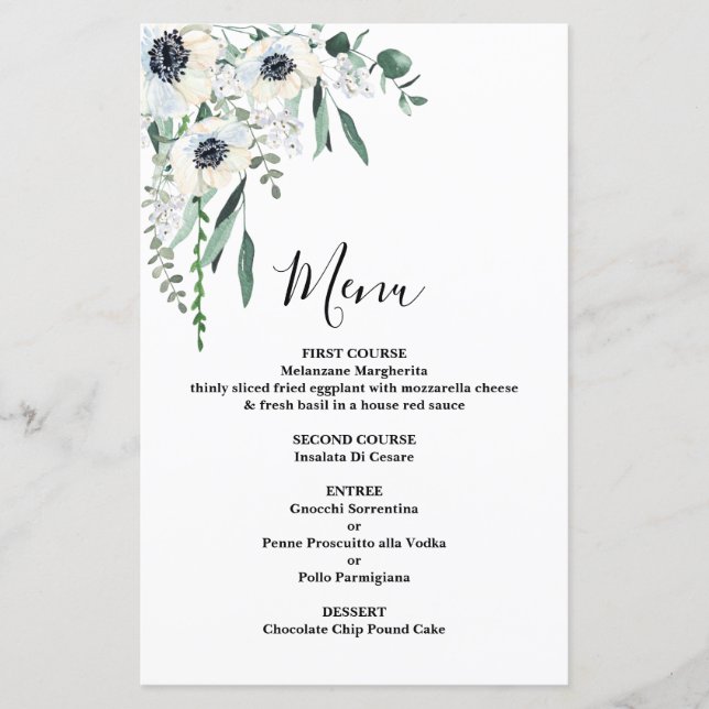 Cartão de Menu de Casamento Floral Anemone (Frente)