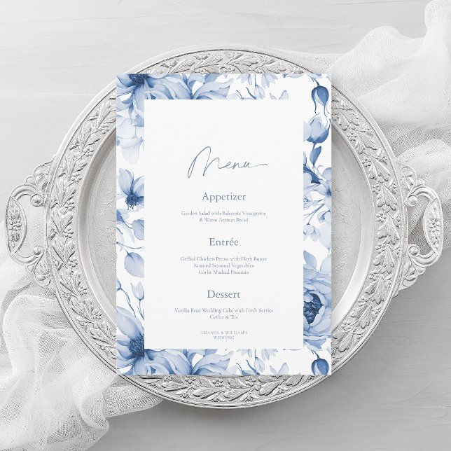 Cartão de Menu de Casamento Floral Azul Desbotado (Criador carregado)
