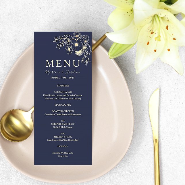 Cartão de Menu de Casamento Floral Azul Naval Eleg (Criador carregado)