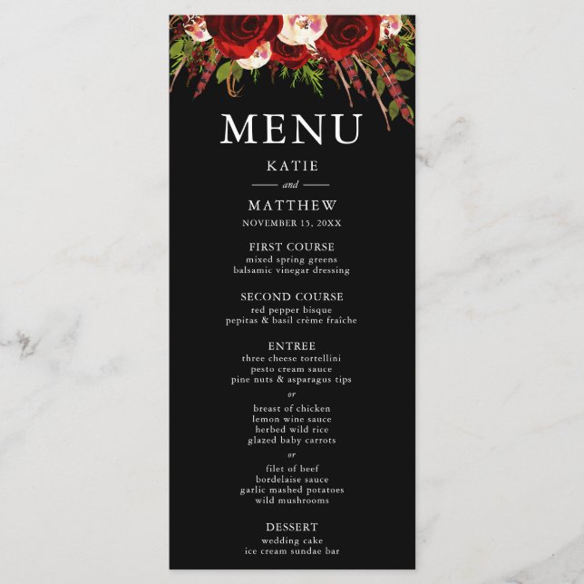 Cartão de Menu de Casamento Floral Boho Burgundy P (Frente)