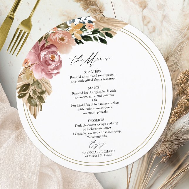 Cartão de Menu de Casamento Floral Boho Chic em Cí (Criador carregado)