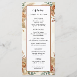 Cartão de Menu de Casamento Floral Boho Luxo Pampa