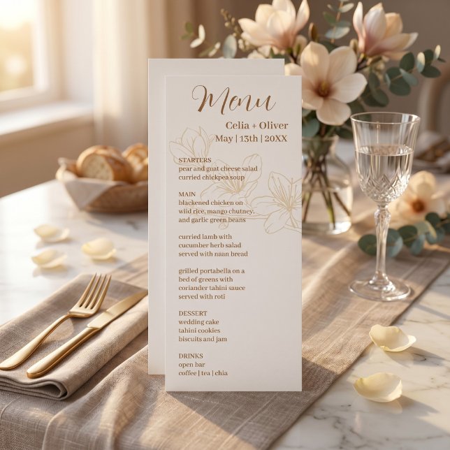 Cartão de Menu de Casamento Floral Branco Minimali (Minimal White Floral Wedding Menu Card with Elegant Blooming Design)