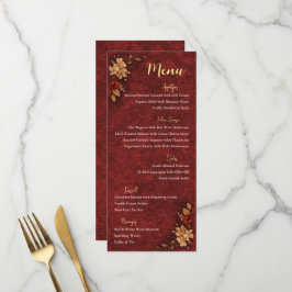 Cartão de Menu de Casamento Floral Burgundy e Dour
