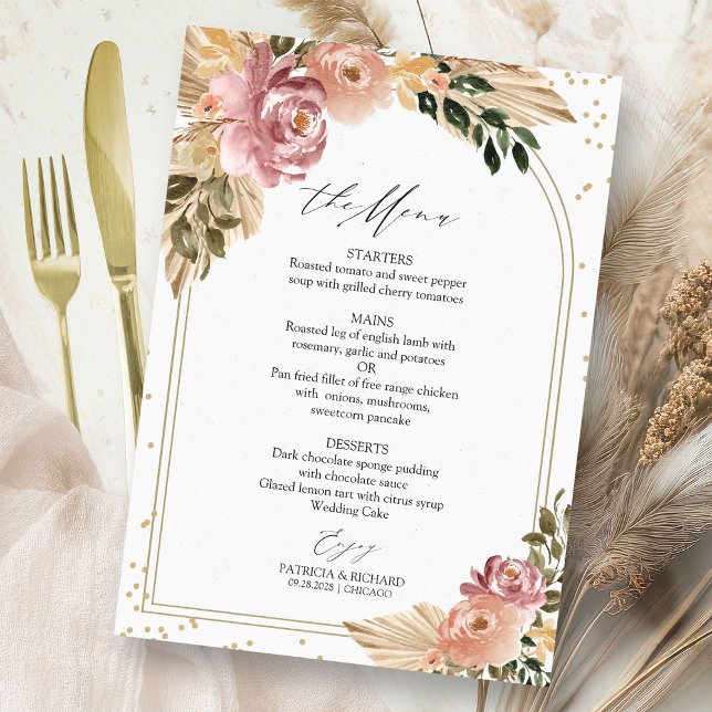 Cartão de Menu de Casamento Floral Chic Boho (Criador carregado)