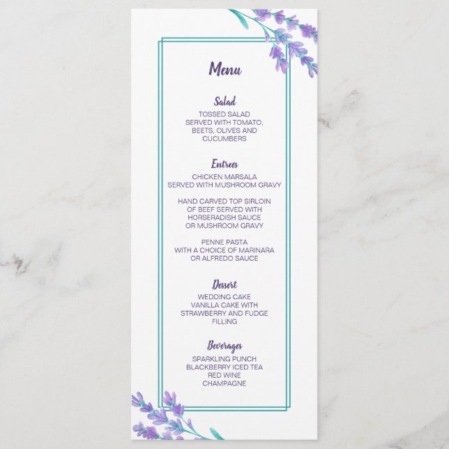 Cartão de Menu de Casamento Floral com lavanda Wat (Frente)