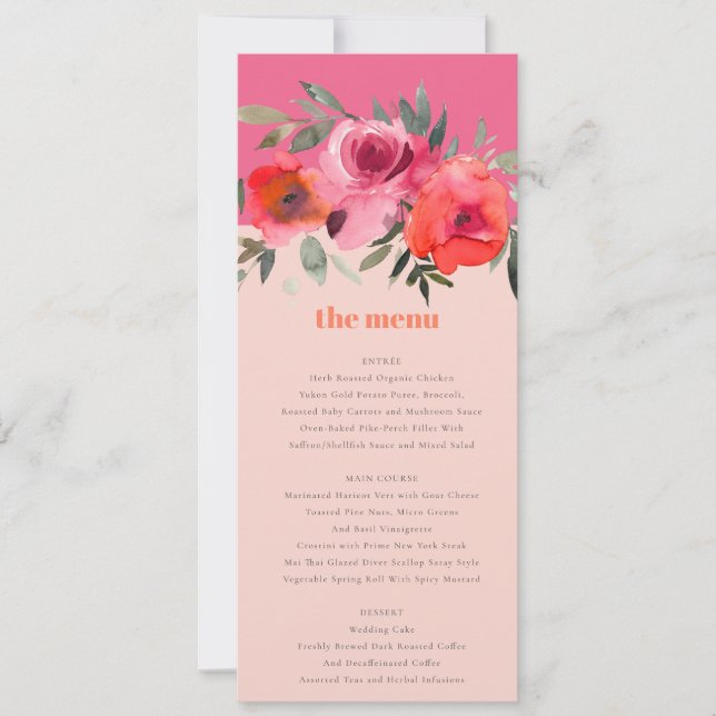 Cartão de Menu de Casamento Floral Cor-de-Rosa Bri (Frente)