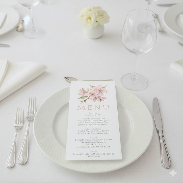 Cartão de Menu de Casamento Floral Cor-de-Rosa Esb (Cherry blossom wedding reception meal menu)