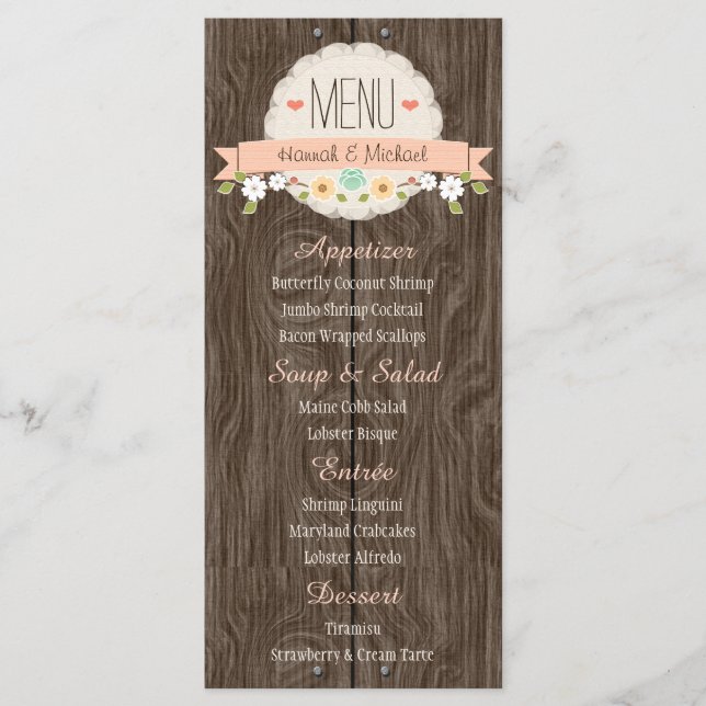 Cartão de Menu de Casamento Floral Coral Peach Rus (Frente)