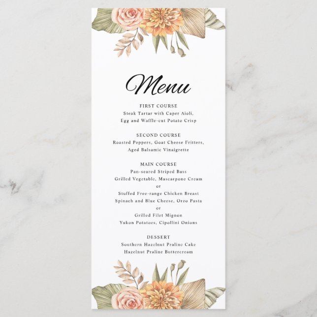 Cartão de Menu de Casamento Floral de Boho Mínimo (Frente)