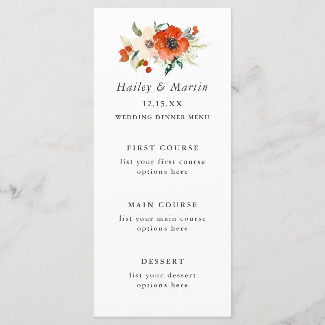Cartão de Menu de Casamento Floral de Tradições El (Frente)