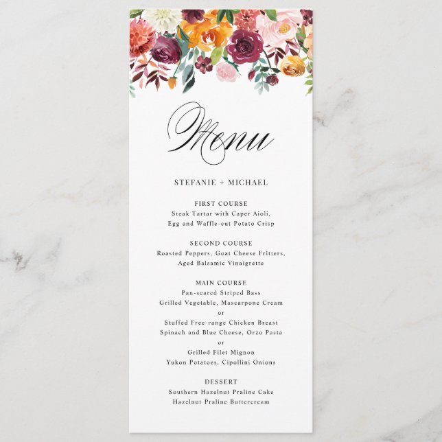Cartão de Menu de Casamento Floral do Autumn Bloom (Frente)