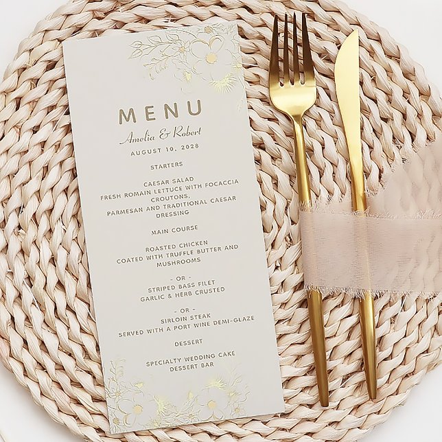 Cartão de Menu de Casamento Floral Dourado de Marf (Criador carregado)
