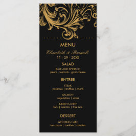 Cartão de Menu de Casamento Floral Dourado e Preto
