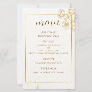 Cartão de Menu de Casamento Floral Dourado Elegant