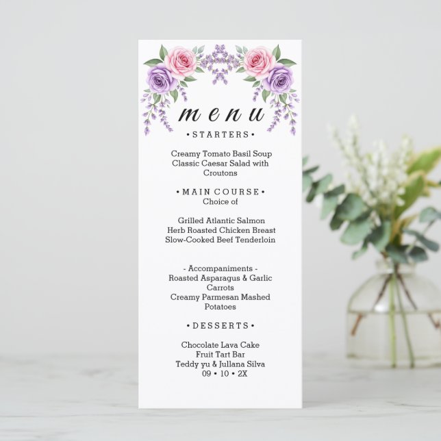 Cartão de Menu de Casamento Floral Lavanda e Rosa  (Em pé/Frente)