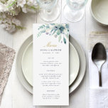 Cartão de Menu de Casamento Floral Luxe<br><div class="desc">Cartões de cardápio impressos. Use as ferramentas de design para personalizar o layout,  as cores de fundo e o texto com os detalhes do menu de casamento. Este elegante design apresenta uma borda floral de cor d'água de verde suculento e floresce com texto dourado e marinho.</div>