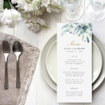 Cartão de Menu de Casamento Floral Luxe<br><div class="desc">Cartões de cardápio impressos. Use as ferramentas de design para personalizar o layout,  as cores de fundo e o texto com os detalhes do menu de casamento. Este elegante design apresenta uma borda floral de cor d'água de verde suculento e floresce com texto dourado e marinho.</div>