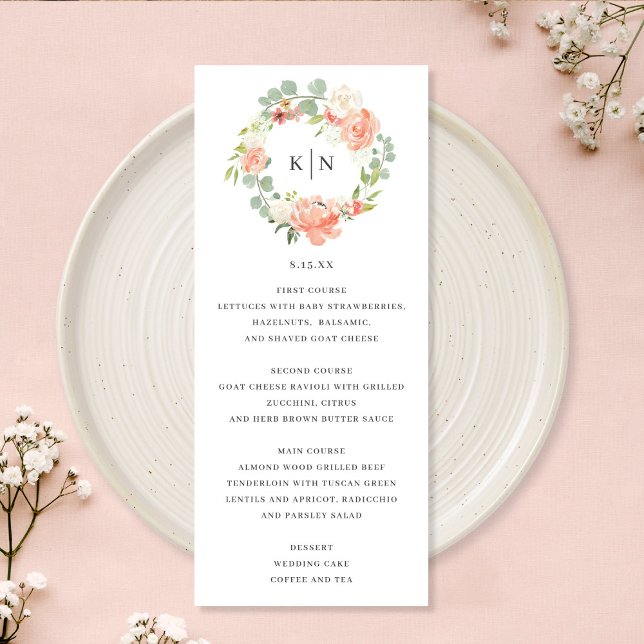 Cartão de Menu de Casamento Floral Monograma de Pê (Criador carregado)