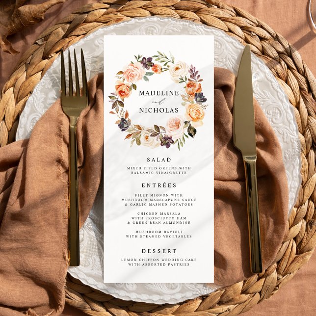 Cartão de Menu de Casamento Floral Outono Rústico  (Criador carregado)