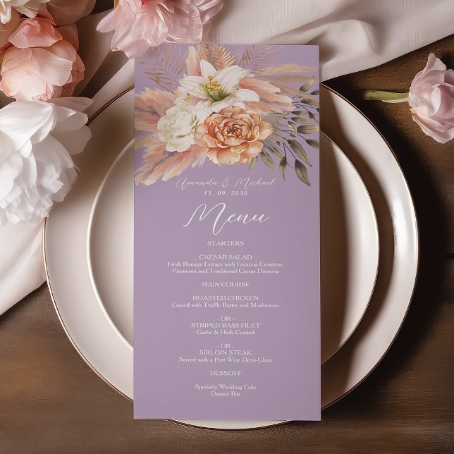 Cartão de Menu de Casamento Floral Pêssego e Púrpu (Criador carregado)