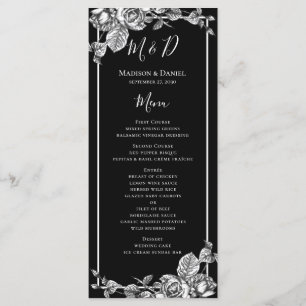 Cartão de Menu de Casamento Floral Preto e Branco 