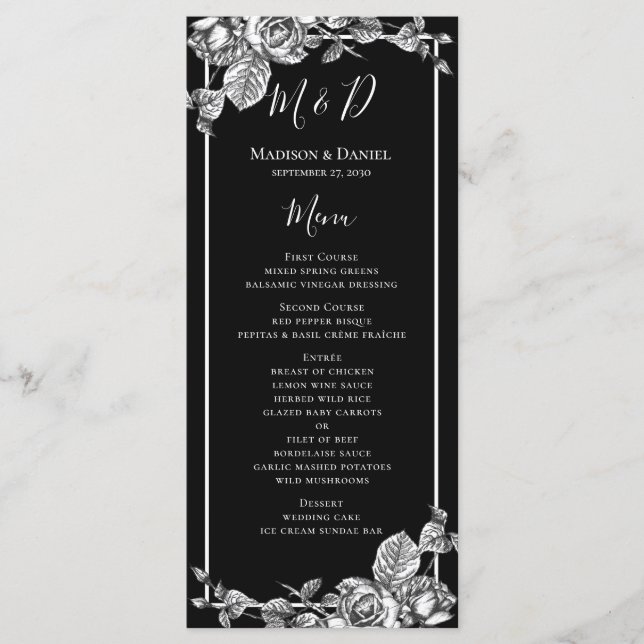 Cartão de Menu de Casamento Floral Preto e Branco  (Frente)