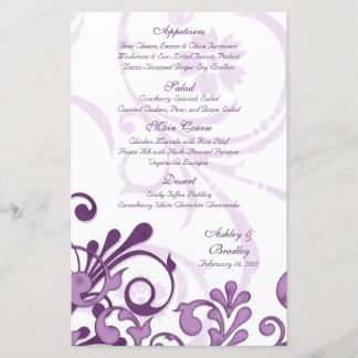 Cartão de Menu de Casamento Floral Púrpura e Branc