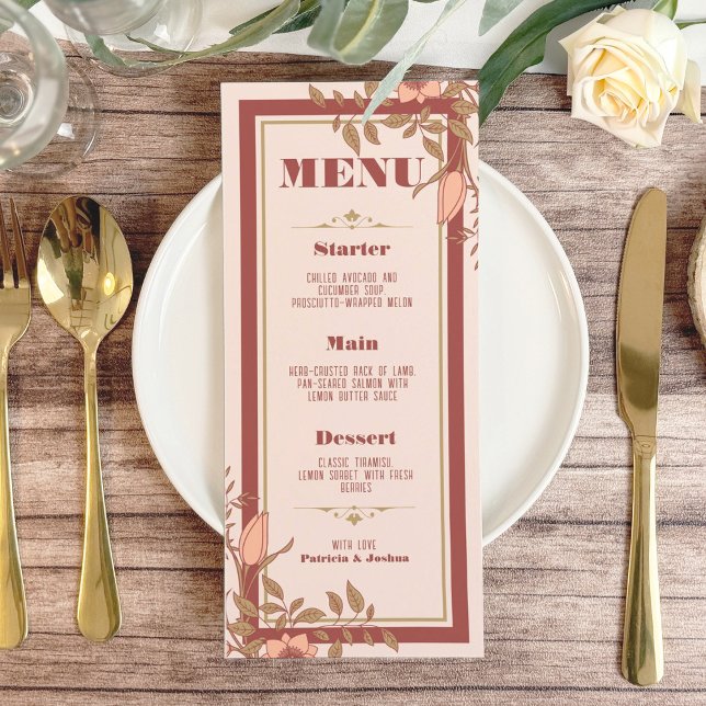 Cartão de Menu de Casamento Floral Retro Blush (Criador carregado)