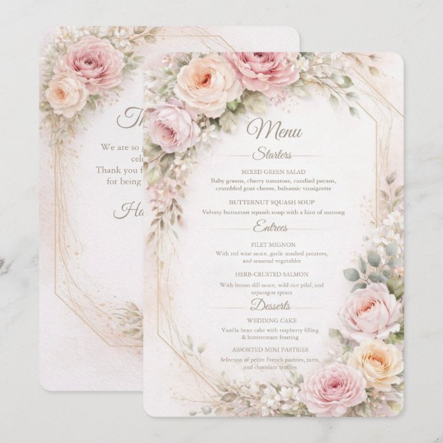 Cartão de Menu de Casamento Floral Rosa Elegante (Frente/Verso)