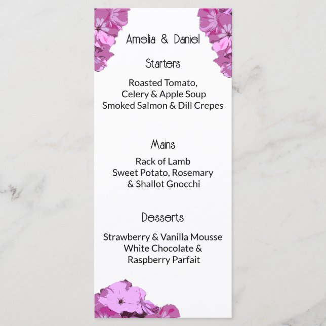 Cartão de Menu de Casamento Floral Rosa Moderno de (Frente)