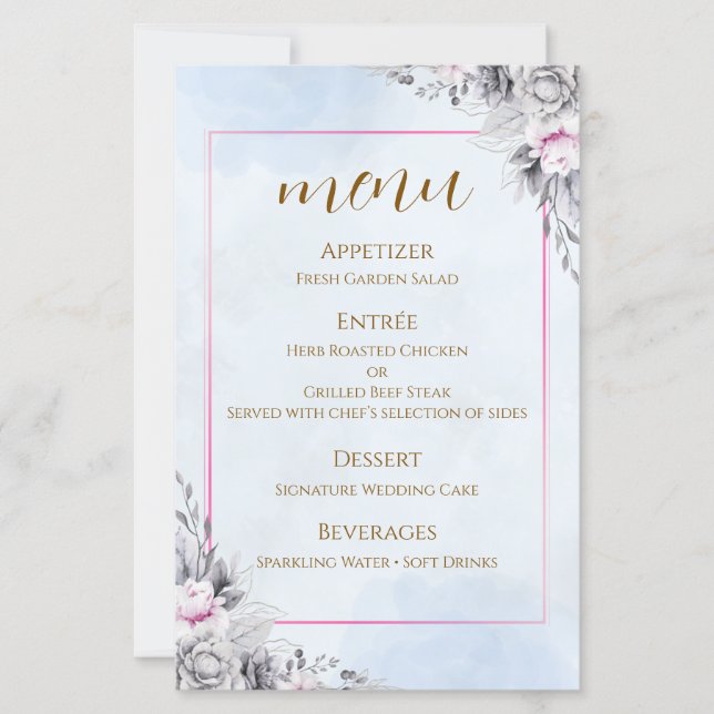 Cartão de Menu de Casamento Floral Rosa Romântico (Frente)