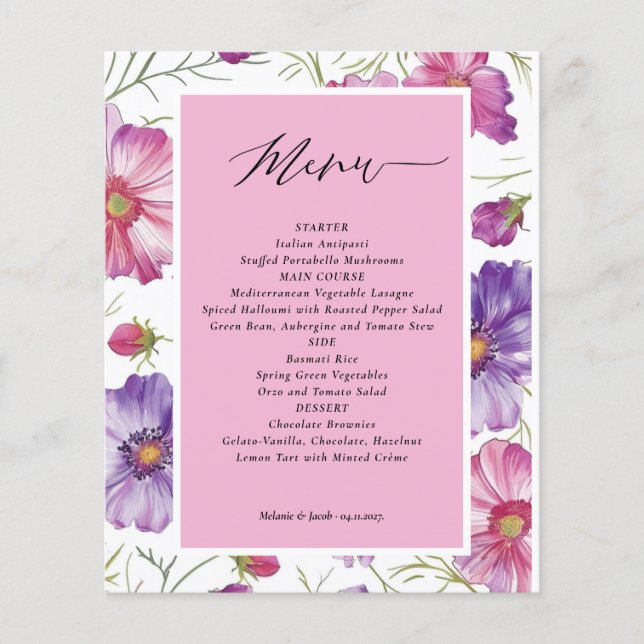 Cartão de Menu de Casamento Floral Roxo e Rosa Eco (Frente)