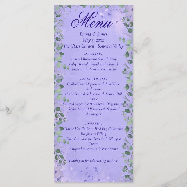 Cartão de Menu de Casamento Floral Roxo Elegante (Frente)