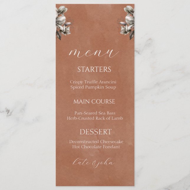 Cartão de Menu de Casamento Floral Rústico - Terra (Frente)